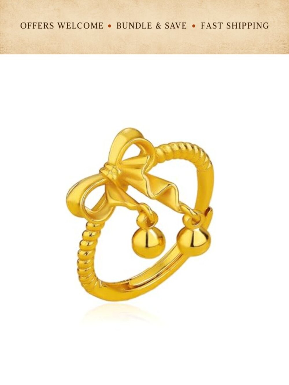Sand Gold Bow Lily Floral Open Ring Adjustable Brass Statement Band